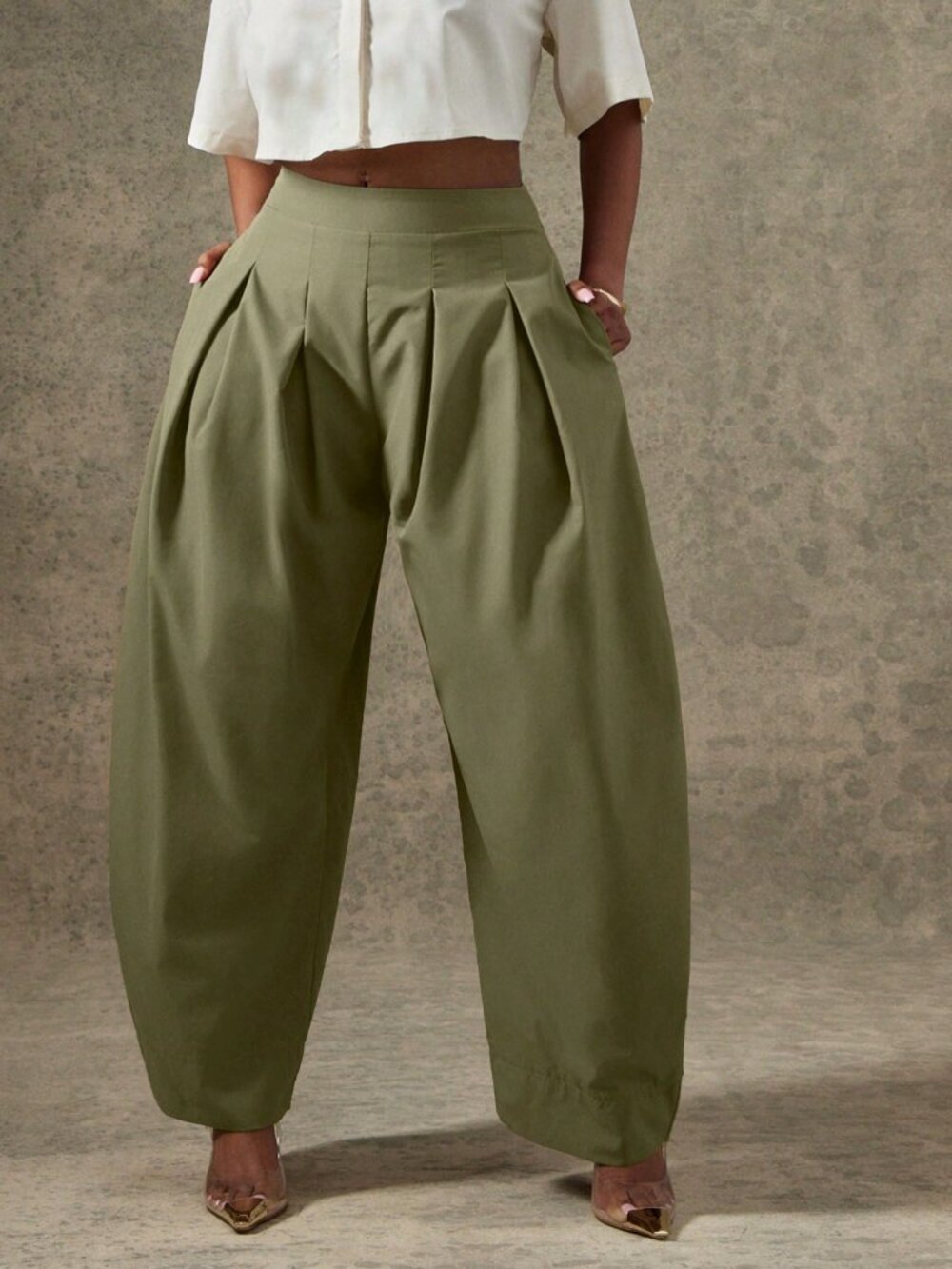 Olive Green Casual Women's High Waist Pleated Detail Barrel Leg Office Pants - Picture 1 of 5